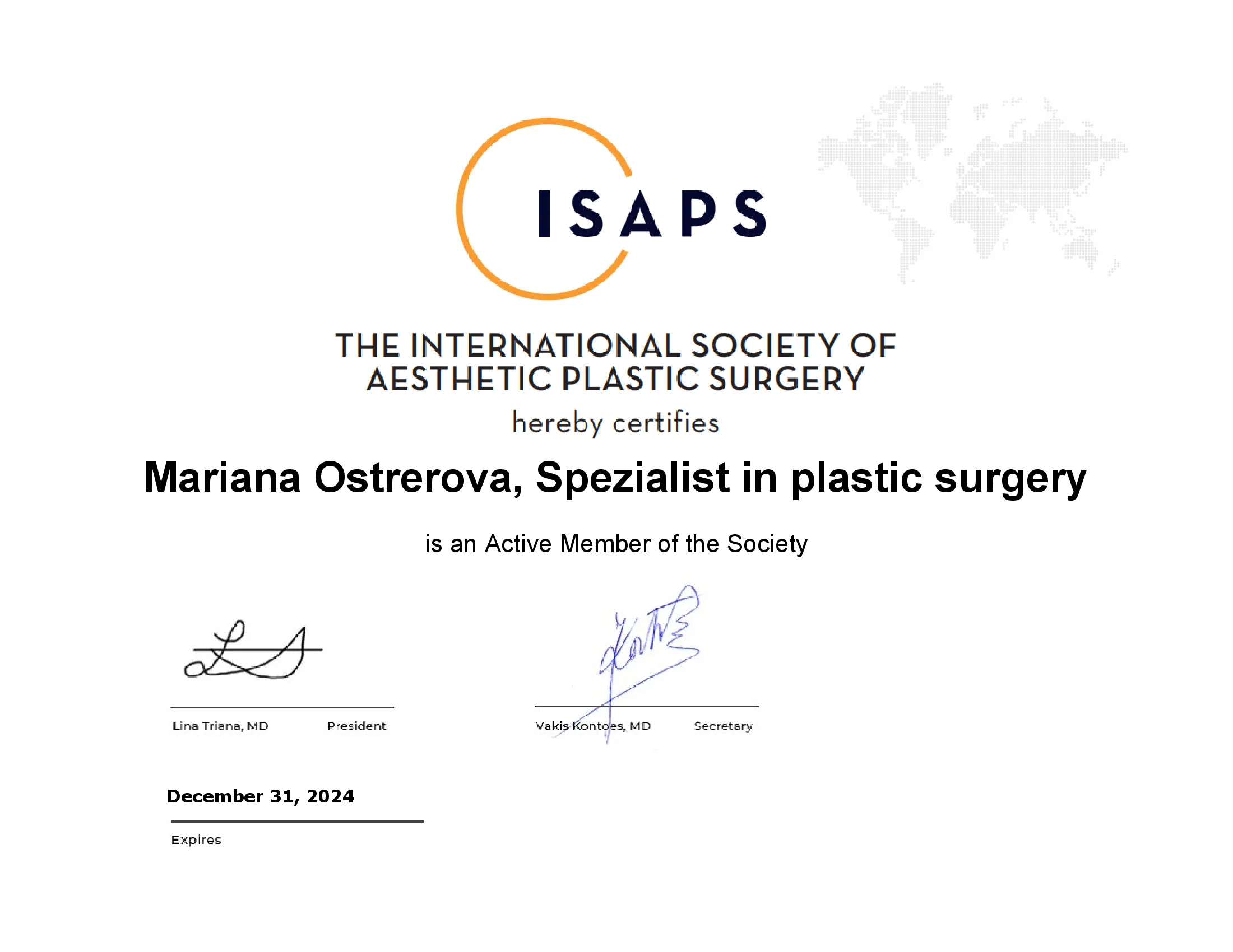 Member Certificate ISAPS Dr. Mara